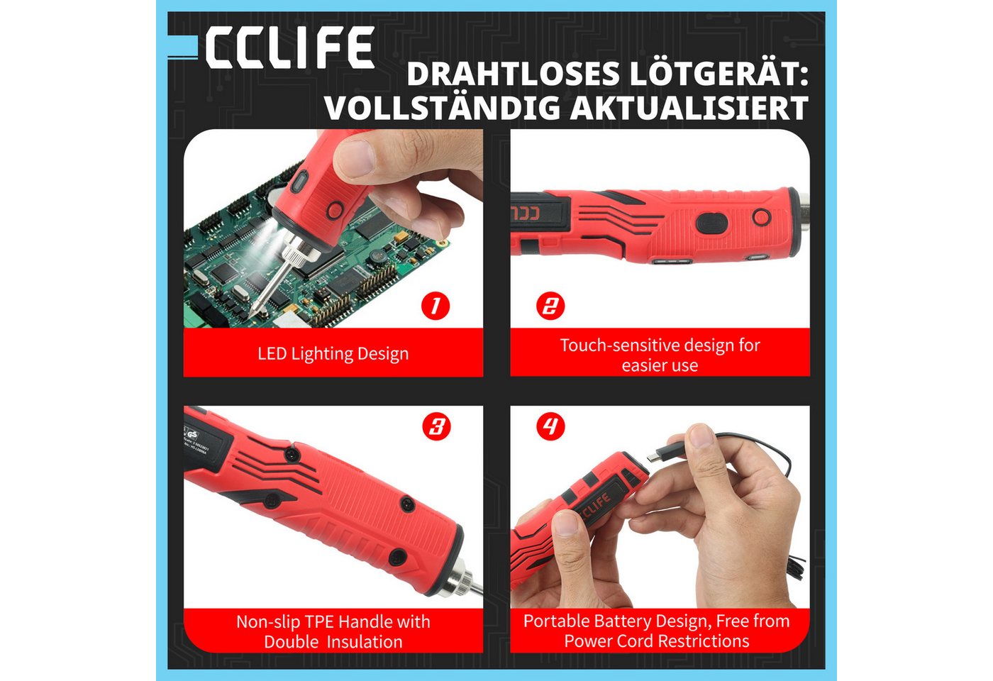 CCLIFE Lötpistole CCLIFE 8W Loetkolben Kabellos 480 Grad mit Basis USB Wiederaufladbar Bild 2
