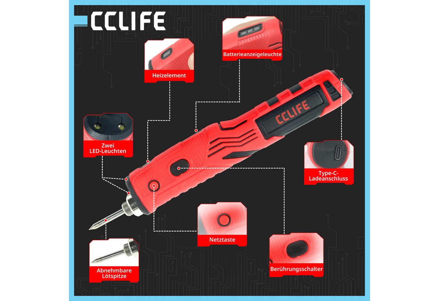CCLIFE Lötpistole CCLIFE 8W Loetkolben Kabellos 480 Grad mit Basis USB Wiederaufladbar Bild 3