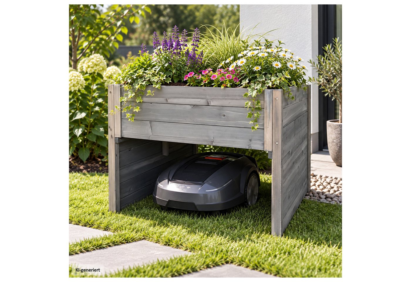 HTI-Living Mähroboter-Garage Rasenmähergarage Bernie aus Fichtenholz mit Pflanzkasten Grau, BxTxH: 73x79x56 cm, (1 Stück, 1-St., 1 Rasenmähergarage inkl. Folie), Unterstand für Mähroboter mit Hochbeet Bild 2