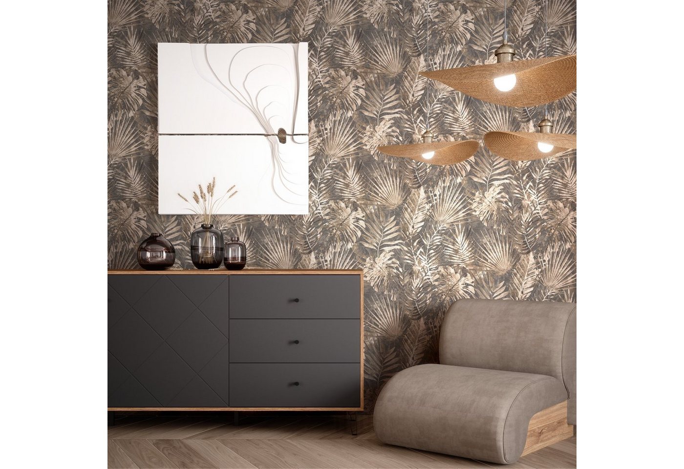 Newroom Vliestapete Tina Tapete Dschungeltapete Dschungel,Blätter,Monstera, Braun Tapete Tropisch Dschungel - Dschungeltapete Struktur Beige Anthrazit Floral Modern Blätter Monstera für Wohnzimmer Schlafzimmer Flur, Struktur