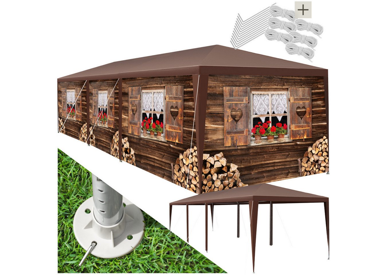 tectake Pavillon Rattan Gartenzelt in 2 Größen, inklusive Spannseilen und Heringen, mit 8 Seitenteilen, (Partyzelt Almchalet, in braun), im Steckystem, abnehmbare Seitenteile, mit UV-Schutz, wasserdicht Bild 3