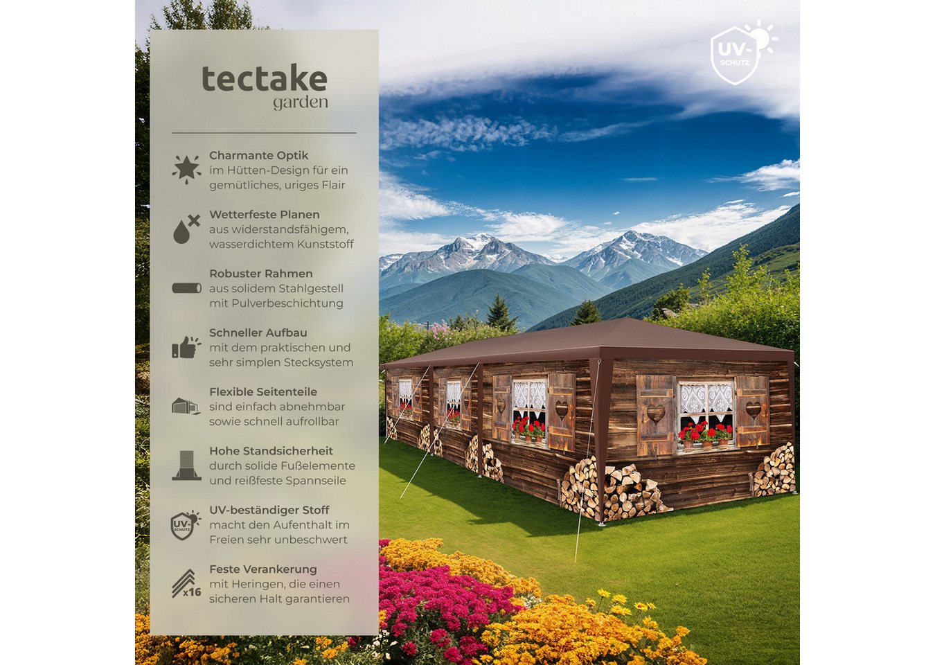 tectake Pavillon Rattan Gartenzelt in 2 Größen, inklusive Spannseilen und Heringen, mit 8 Seitenteilen, (Partyzelt Almchalet, in braun), im Steckystem, abnehmbare Seitenteile, mit UV-Schutz, wasserdicht Bild 5