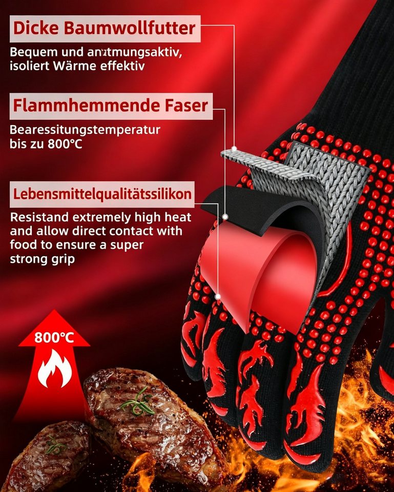 Fyrove Grillhandschuhe Hitzebeständige Handschuhe zum Grillen, Kochen und Backen, (Hitzebeständige Grill- & Ofenhandschuhe für Küche, Backen, BBQ – Schutz vor Verbrennungen und heiße Töpfe sicher greifen) Bild 3
