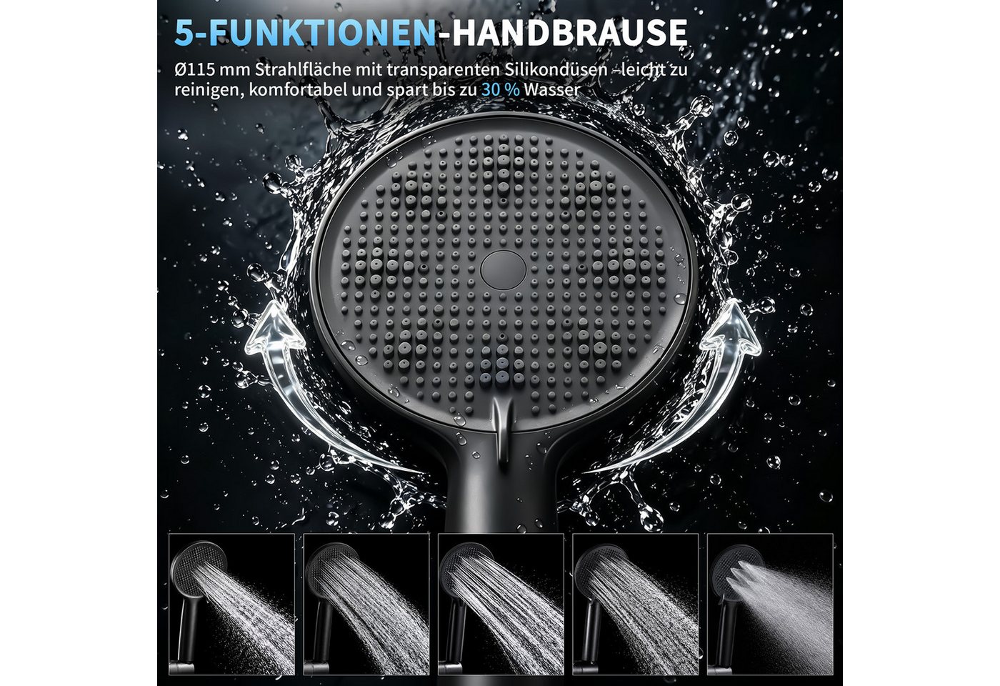 HOMELODY Brausegarnitur Badewannenarmatur Duschset mit Ablage, 5F Handbrause, höhenverstellbar, 3 Strahlart(en), 900 mm Höhenverstellbare Duschstange mit schwenkbarem Auslauf, Schwarz