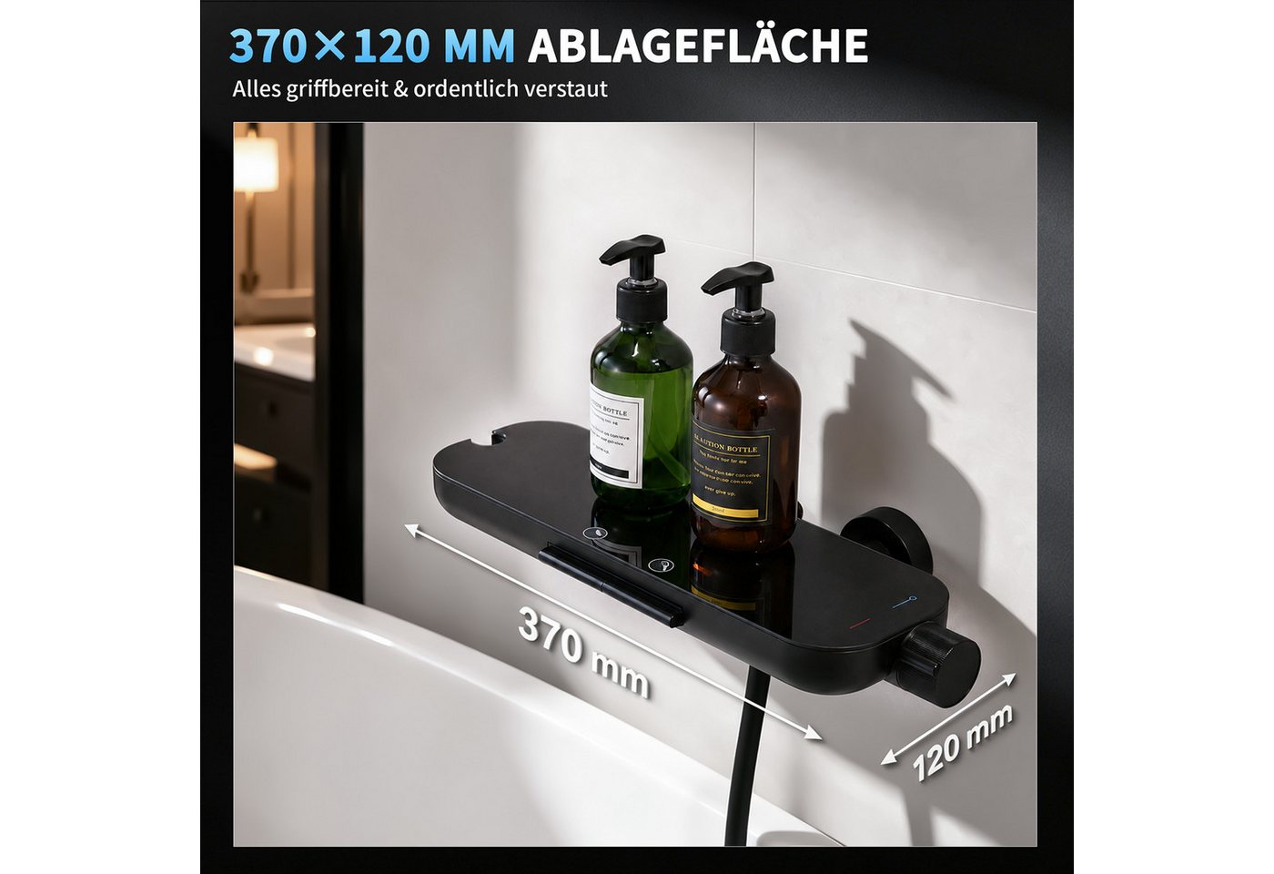 HOMELODY Brausegarnitur Badewannenarmatur Duschset mit Ablage, 5F Handbrause, höhenverstellbar, 3 Strahlart(en), 900 mm Höhenverstellbare Duschstange mit schwenkbarem Auslauf, Schwarz Bild 2