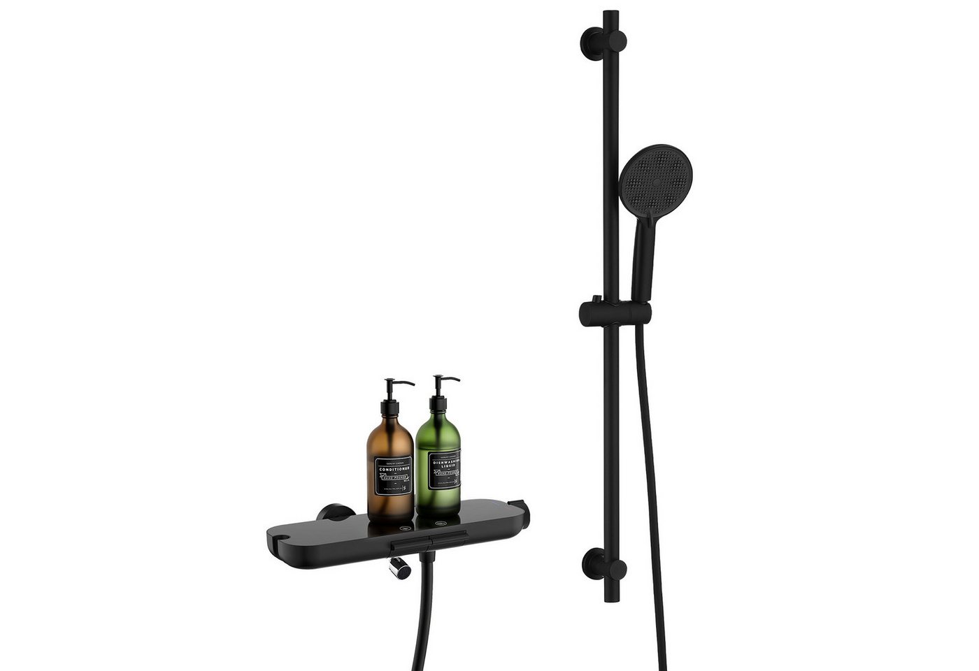HOMELODY Brausegarnitur Badewannenarmatur Duschset mit Ablage, 5F Handbrause, höhenverstellbar, 3 Strahlart(en), 900 mm Höhenverstellbare Duschstange mit schwenkbarem Auslauf, Schwarz Bild 3