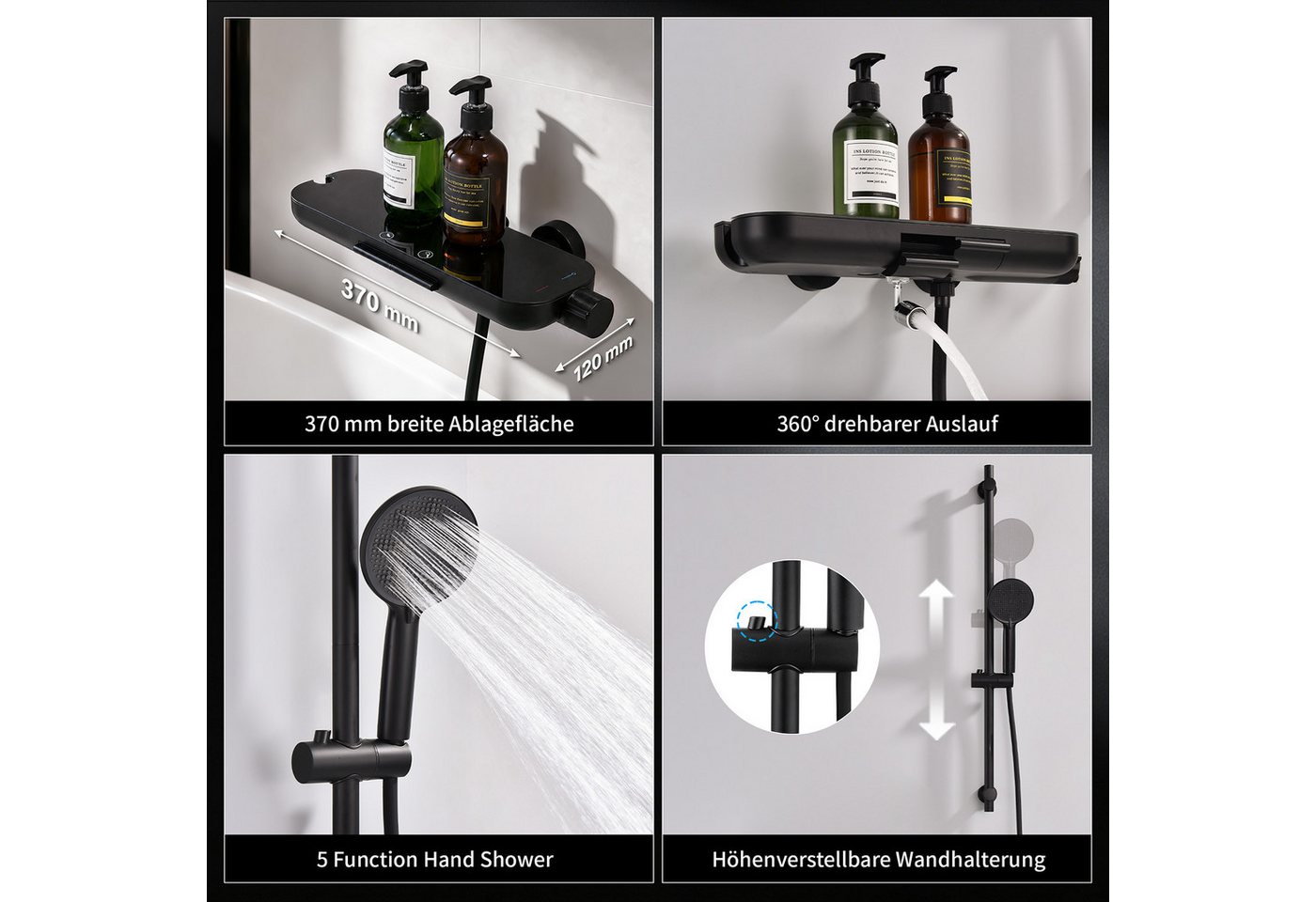 HOMELODY Brausegarnitur Badewannenarmatur Duschset mit Ablage, 5F Handbrause, höhenverstellbar, 3 Strahlart(en), 900 mm Höhenverstellbare Duschstange mit schwenkbarem Auslauf, Schwarz Bild 4