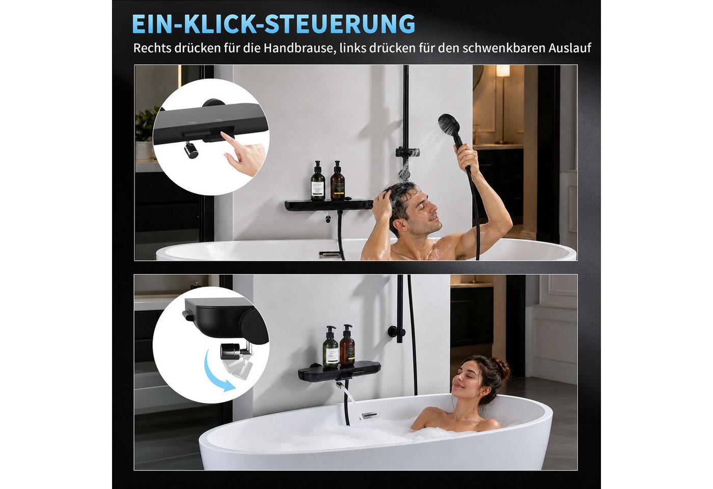 HOMELODY Brausegarnitur Badewannenarmatur Duschset mit Ablage, 5F Handbrause, höhenverstellbar, 3 Strahlart(en), 900 mm Höhenverstellbare Duschstange mit schwenkbarem Auslauf, Schwarz Bild 5