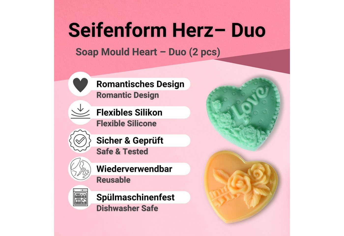 DistrEbution Silikonform 2 Herzen mit Rosenmuster & Love-Schriftzug, Seifenform Herz-Duo, Seife gießen