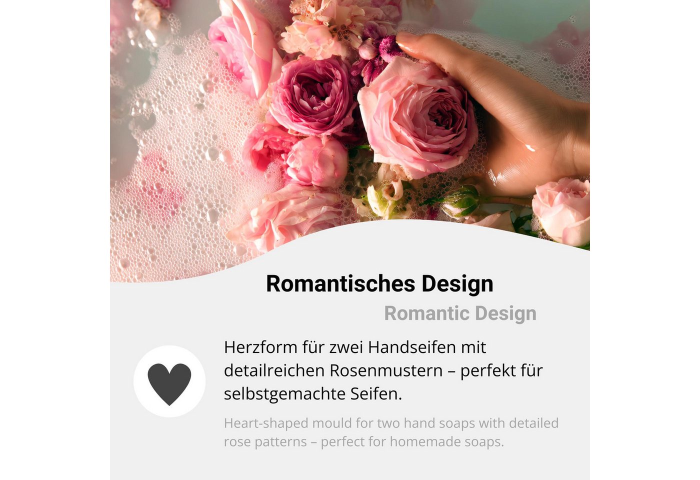 DistrEbution Silikonform 2 Herzen mit Rosenmuster & Love-Schriftzug, Seifenform Herz-Duo, Seife gießen Bild 3