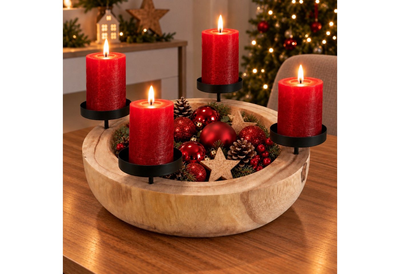 Online-Fuchs Adventskranz für 4 Stumpenkerzen - große Schale aus Paulownia Holz - Weihnachtsdeko, verbindet einen natürlichen Look mit vielen Gestaltungsmöglichkeiten Bild 4