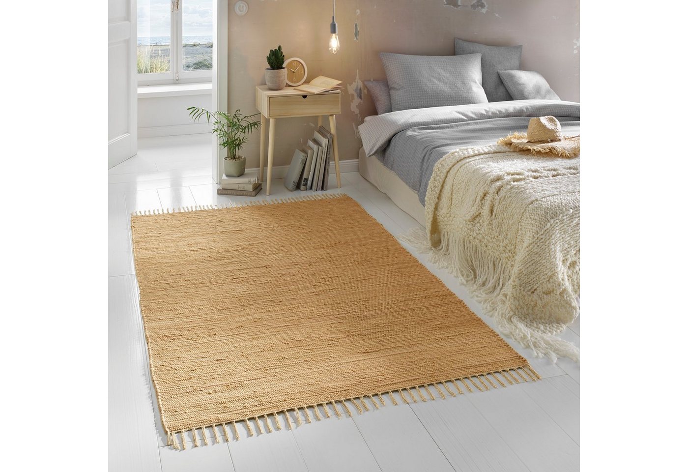TaCa Home Teppich Handweb Flicken-Teppich Fleckerl, rechteckig, Höhe: 5 mm, Beige - 70 x 140 cm