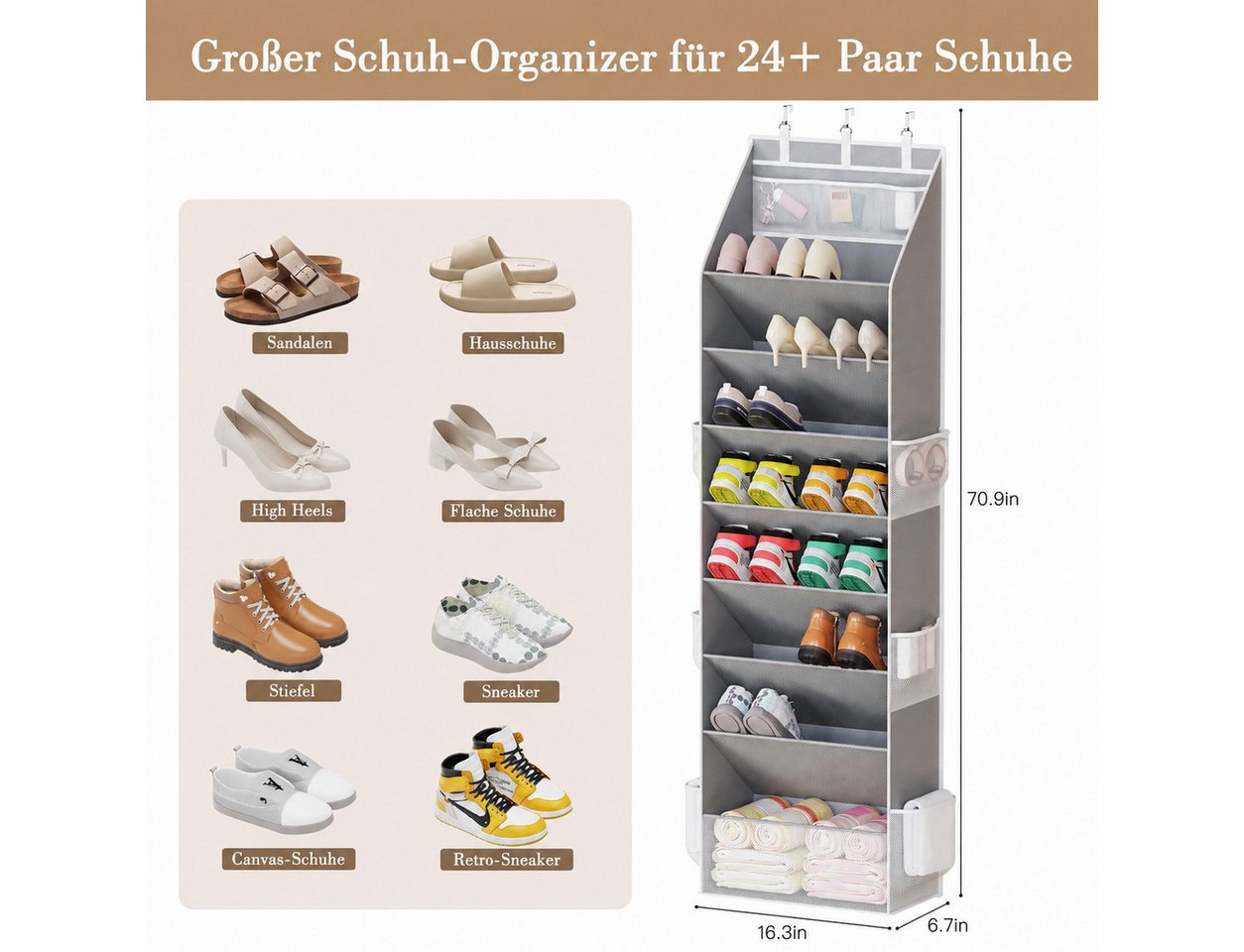 Diwzbyn Schuhregal Schuhorganizer Türhängend, 16–24 Paar mit Aufbewahrungstaschen, Platzsparende Aufbewahrung für Schuhe, Accessoires & mehr Bild 3
