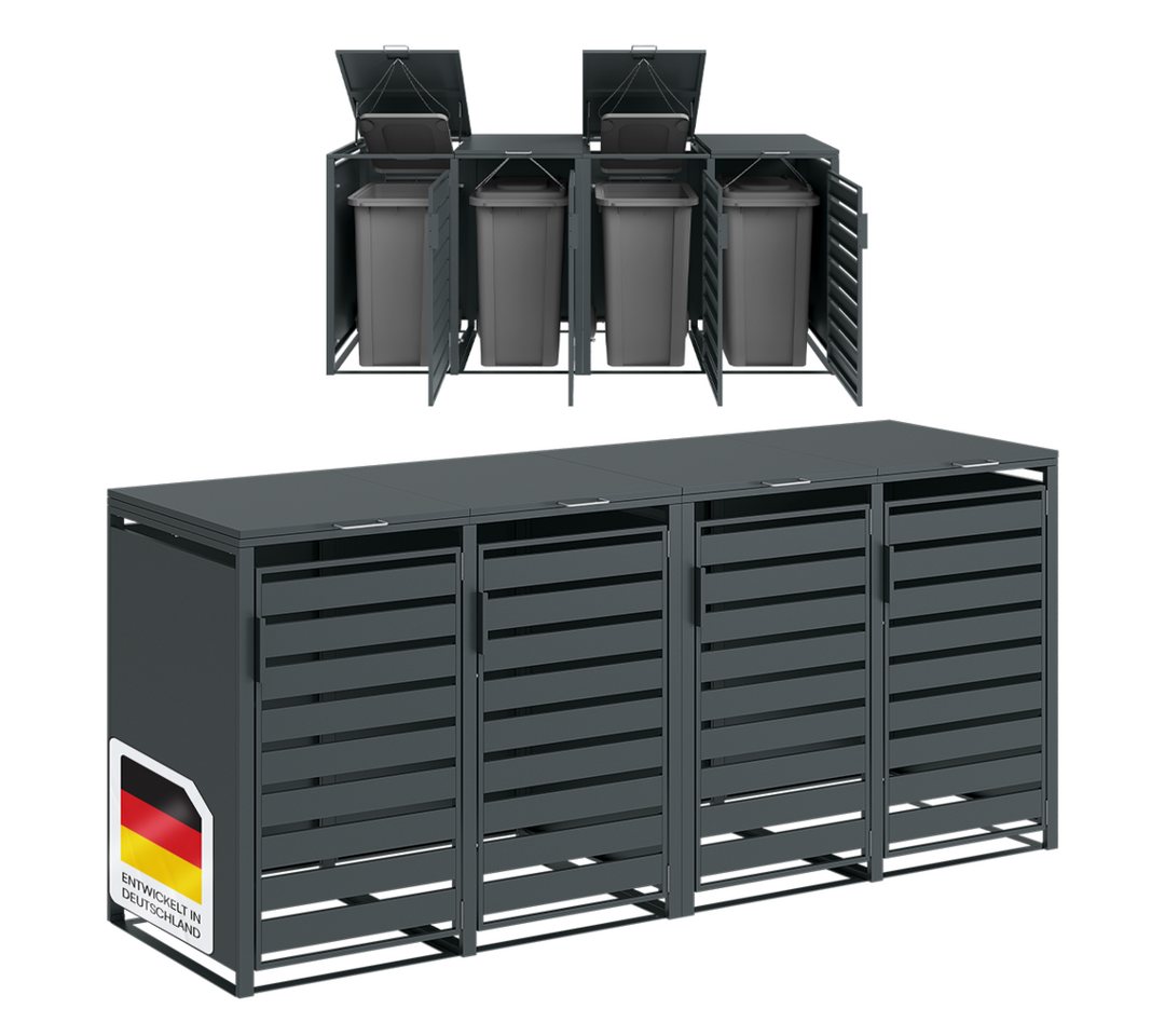 STEELSØN Mülltonnenbox Kestra 240L aus verzinktem Stahl, Müllcontainer wetterfest (Anthrazit, verfügbar mit 1, 2, 3, 4, oder 5 Türen), für 4 Tonnen, mit Sichtstreifen
