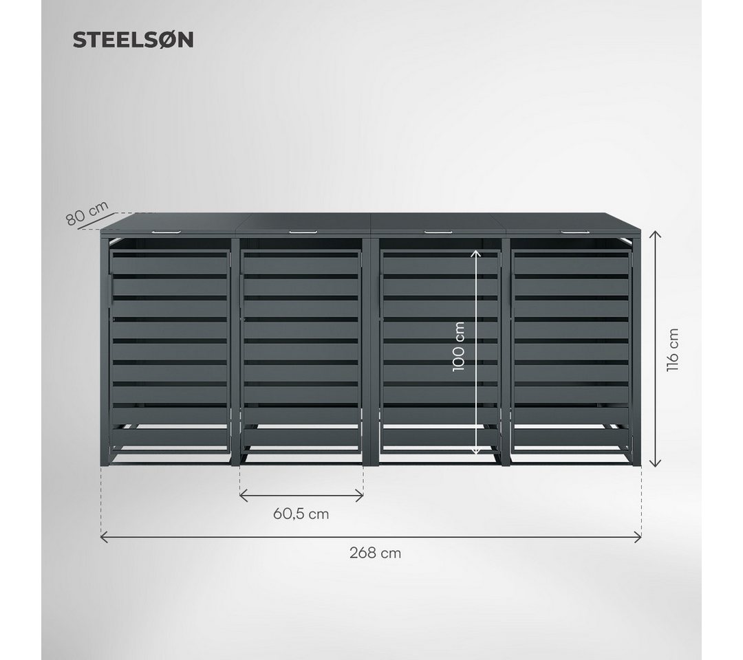 STEELSØN Mülltonnenbox Kestra 240L aus verzinktem Stahl, Müllcontainer wetterfest (Anthrazit, verfügbar mit 1, 2, 3, 4, oder 5 Türen), für 4 Tonnen, mit Sichtstreifen Bild 5