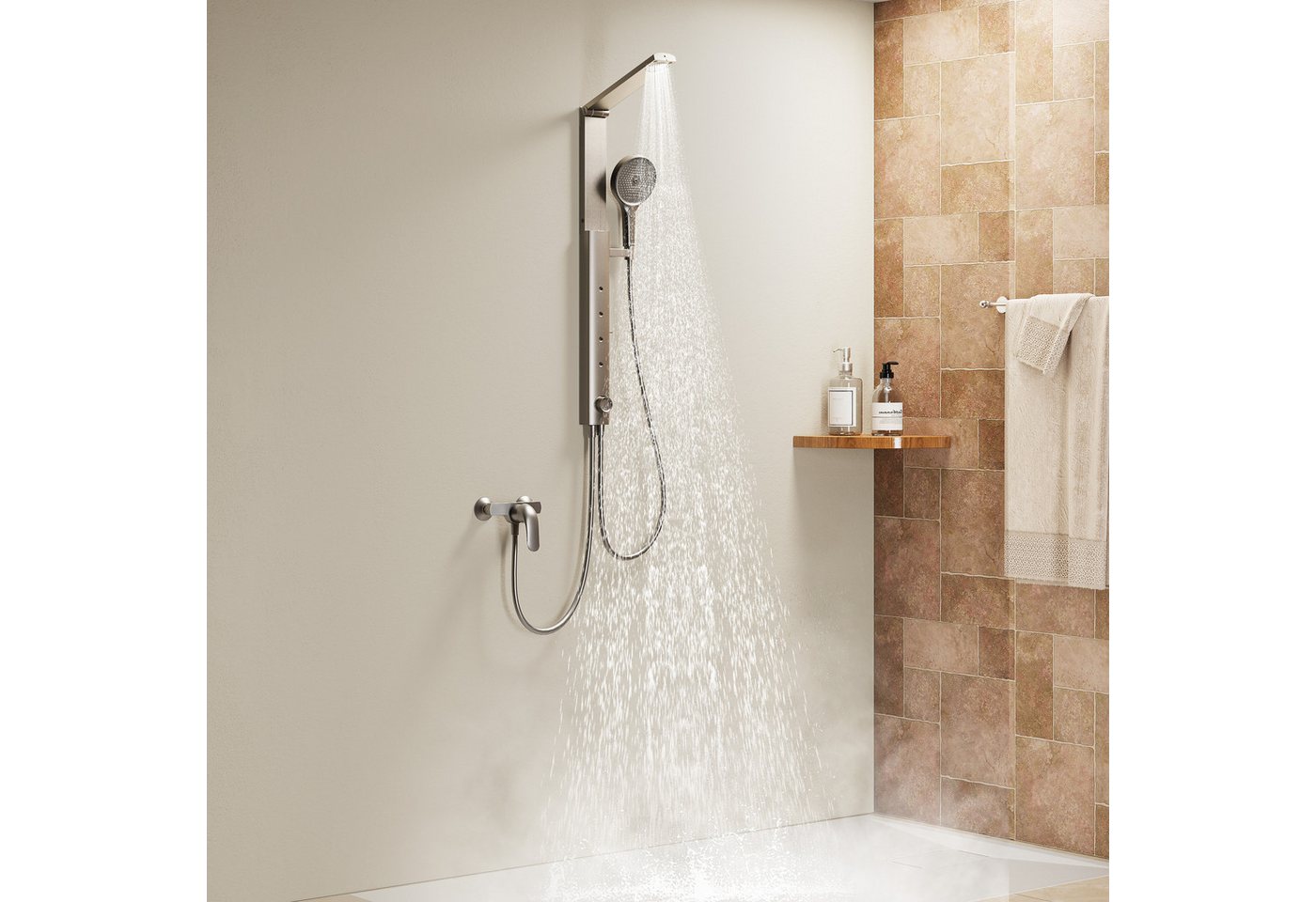 HOROW Duschsystem Brausegarnitur mit Thermostatarmatur und faltbarer Regendusche, 4 Strahlart(en), Regendusche Set, 3 Massage-Modi, Klappbares Duschset, Höhenverstellbar Bild 2