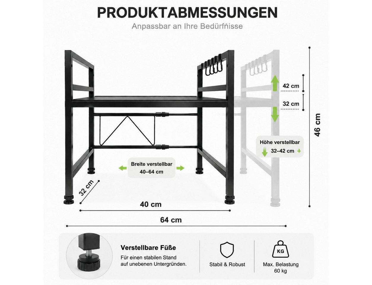 ibettertec Standregal Verstellbares Mikrowellenregal mit Haken, Küchenablage aus Stahl, Robustes Küchenregal aus Kohlenstoffstahl mit 6 Haken, flexible Anpassung und stabile Aufbewahrung für Ihre Küche.
