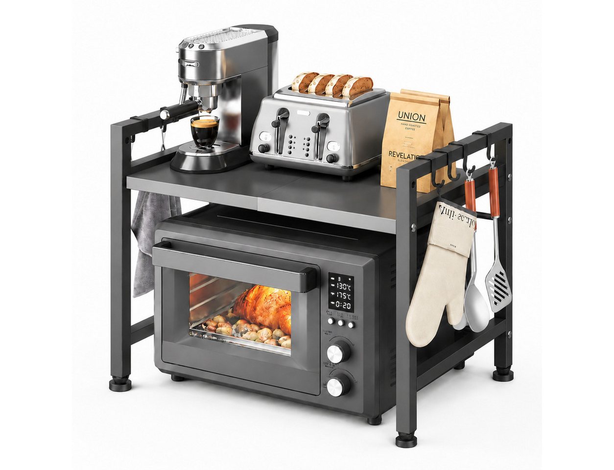 ibettertec Standregal Verstellbares Mikrowellenregal mit Haken, Küchenablage aus Stahl, Robustes Küchenregal aus Kohlenstoffstahl mit 6 Haken, flexible Anpassung und stabile Aufbewahrung für Ihre Küche. Bild 3