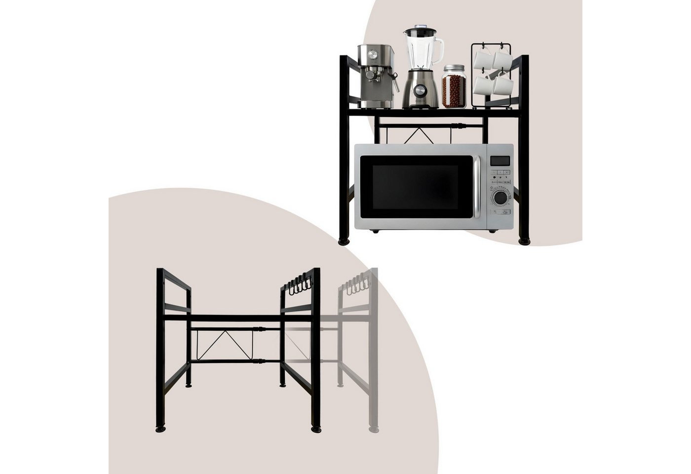 ibettertec Standregal Verstellbares Mikrowellenregal mit Haken, Küchenablage aus Stahl, Robustes Küchenregal aus Kohlenstoffstahl mit 6 Haken, flexible Anpassung und stabile Aufbewahrung für Ihre Küche. Bild 4