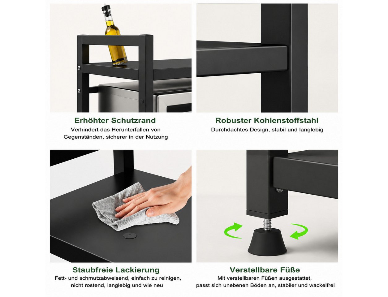 ibettertec Standregal Verstellbares Mikrowellenregal mit Haken, Küchenablage aus Stahl, Robustes Küchenregal aus Kohlenstoffstahl mit 6 Haken, flexible Anpassung und stabile Aufbewahrung für Ihre Küche. Bild 5