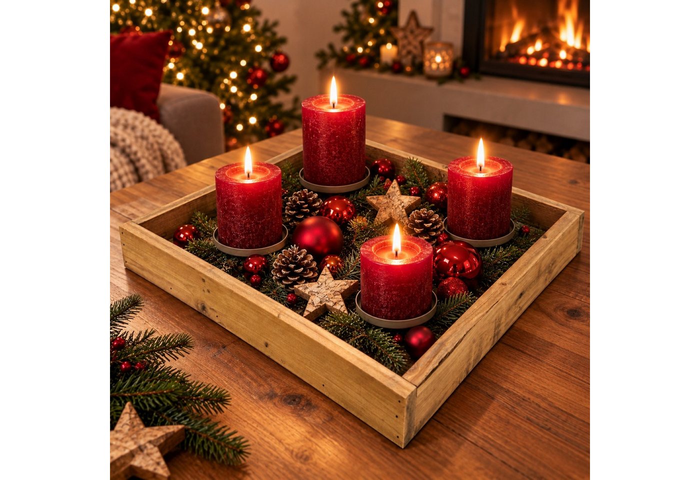 Online-Fuchs Adventskranz aus Holz für Stumpenkerzen - eckig & schlicht, Kerzenhalter aus Metall, viel Platz für Ihre individuellen Dekorationsideen