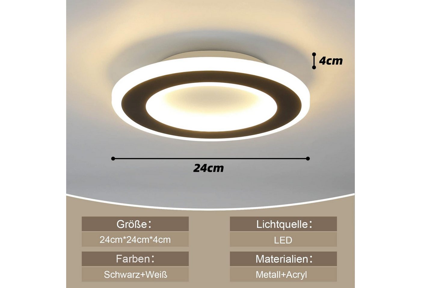 Nettlife LED Deckenleuchte Modern Schwarz Weiß Quadratisch Ø24cm 3000K, LED fest integriert, Warmweiß, für Wohnzimmer Schlafzimmer Küche Flur Bild 3