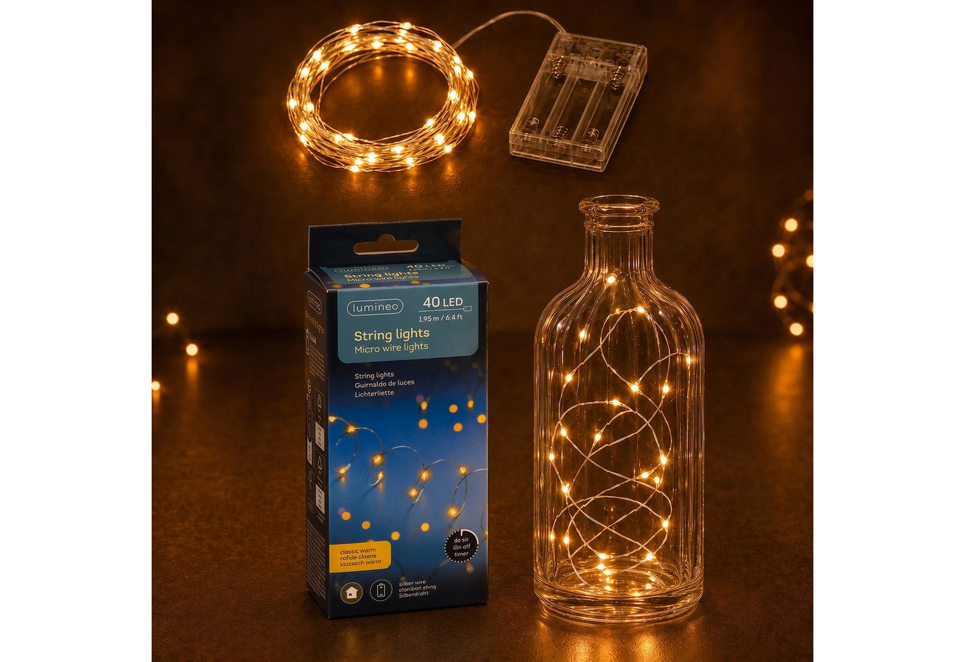 Lumineo LED-Lichterkette, LED Draht Lichterkette 1,95m mit Timer 40 Micro-LEDs Klassisch Warm Bild 4