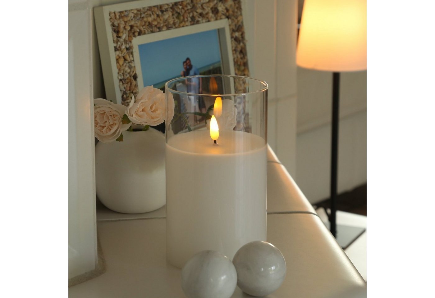 MARELIDA LED-Kerze LED Kerze im Glas Windlicht Echtwachs Timer H: 17,5cm D: 10cm weiß, LED Classic, warmweiß (2100K bis 3000K) Bild 5