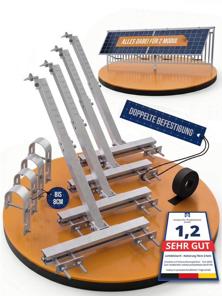 Lichtblicker Solarmodul-Halterung Balkonkraftwerk Halterung Balkon, Zaun etc. für 1 oder 2 Module, (Modulbreite unabhängig. Modulhöhe unabhängig., Witterungsbeständiges Aluminium, Edelstahlhaken und -schrauben) Bild 2