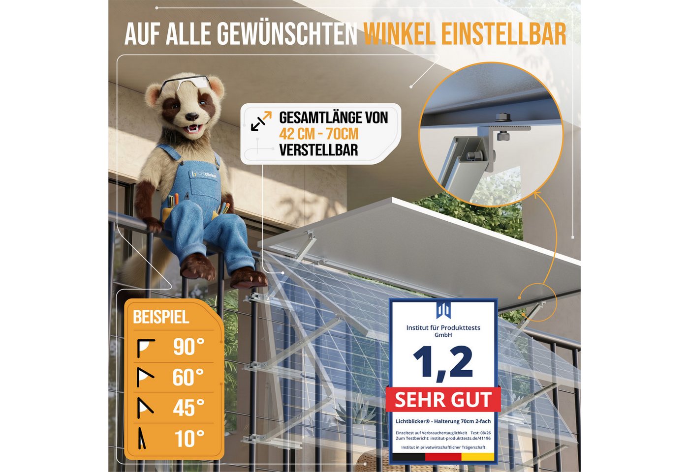 Lichtblicker Solarmodul-Halterung Balkonkraftwerk Halterung Balkon, Zaun etc. für 1 oder 2 Module, (Modulbreite unabhängig. Modulhöhe unabhängig., Witterungsbeständiges Aluminium, Edelstahlhaken und -schrauben) Bild 3