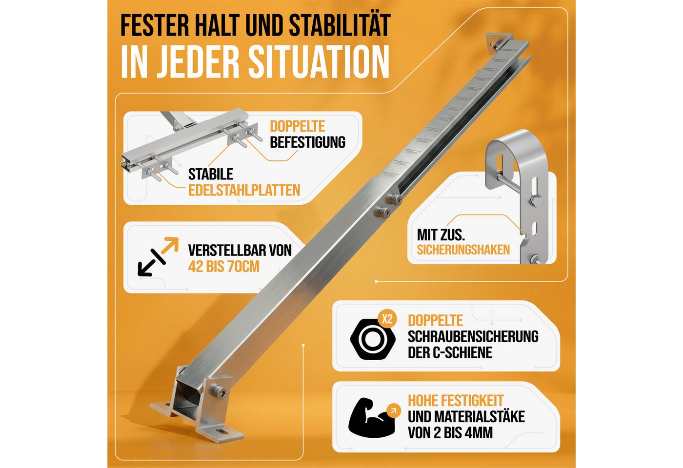 Lichtblicker Solarmodul-Halterung Balkonkraftwerk Halterung Balkon, Zaun etc. für 1 oder 2 Module, (Modulbreite unabhängig. Modulhöhe unabhängig., Witterungsbeständiges Aluminium, Edelstahlhaken und -schrauben) Bild 4