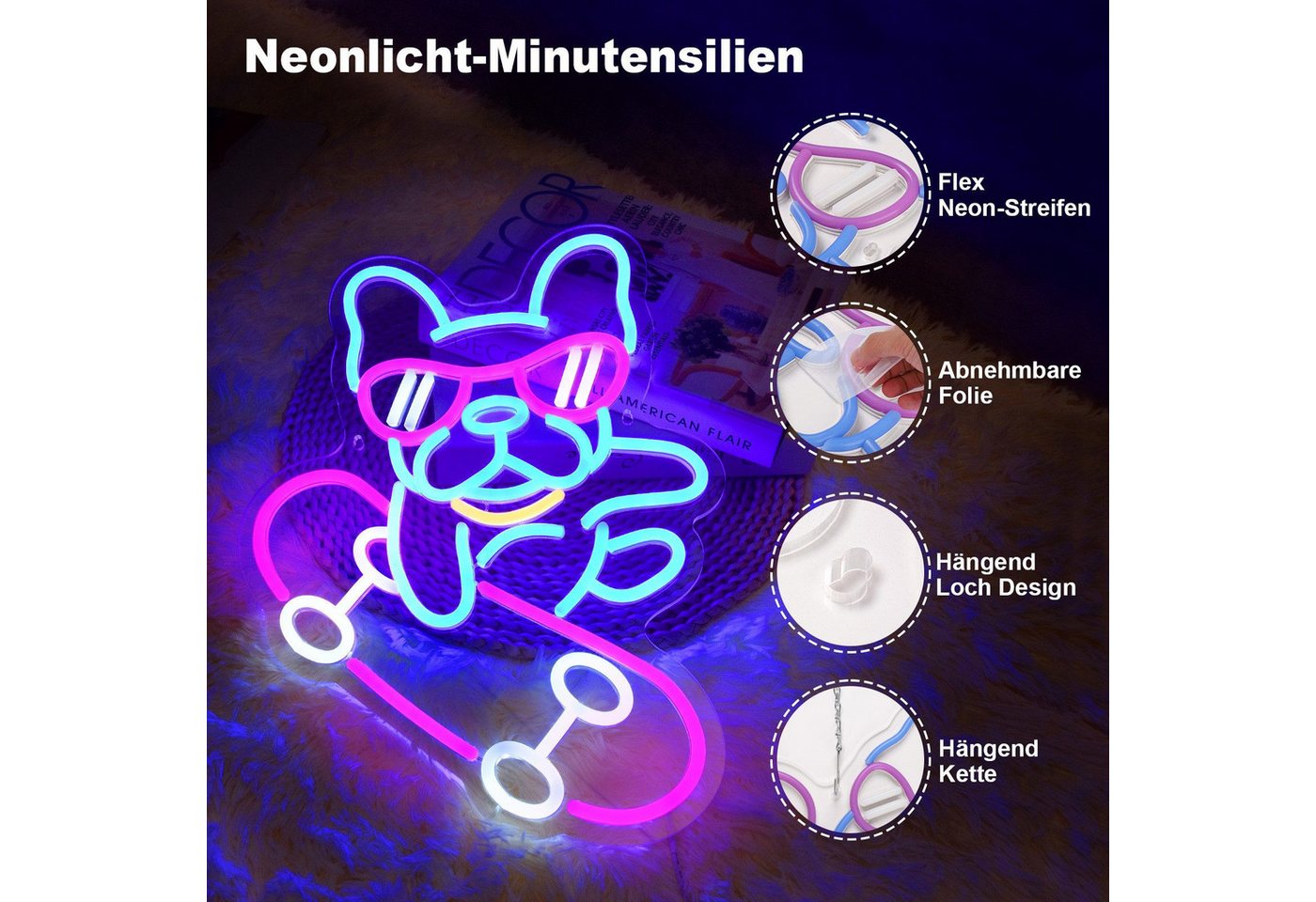 JIBENNEON Dekolicht LED Neon Sign,Skateboard Hund Bulldogge, Dackel LED Neonschild, Bulldogge, LED fest integriert, Dimmbar Acryl Wandleuchte