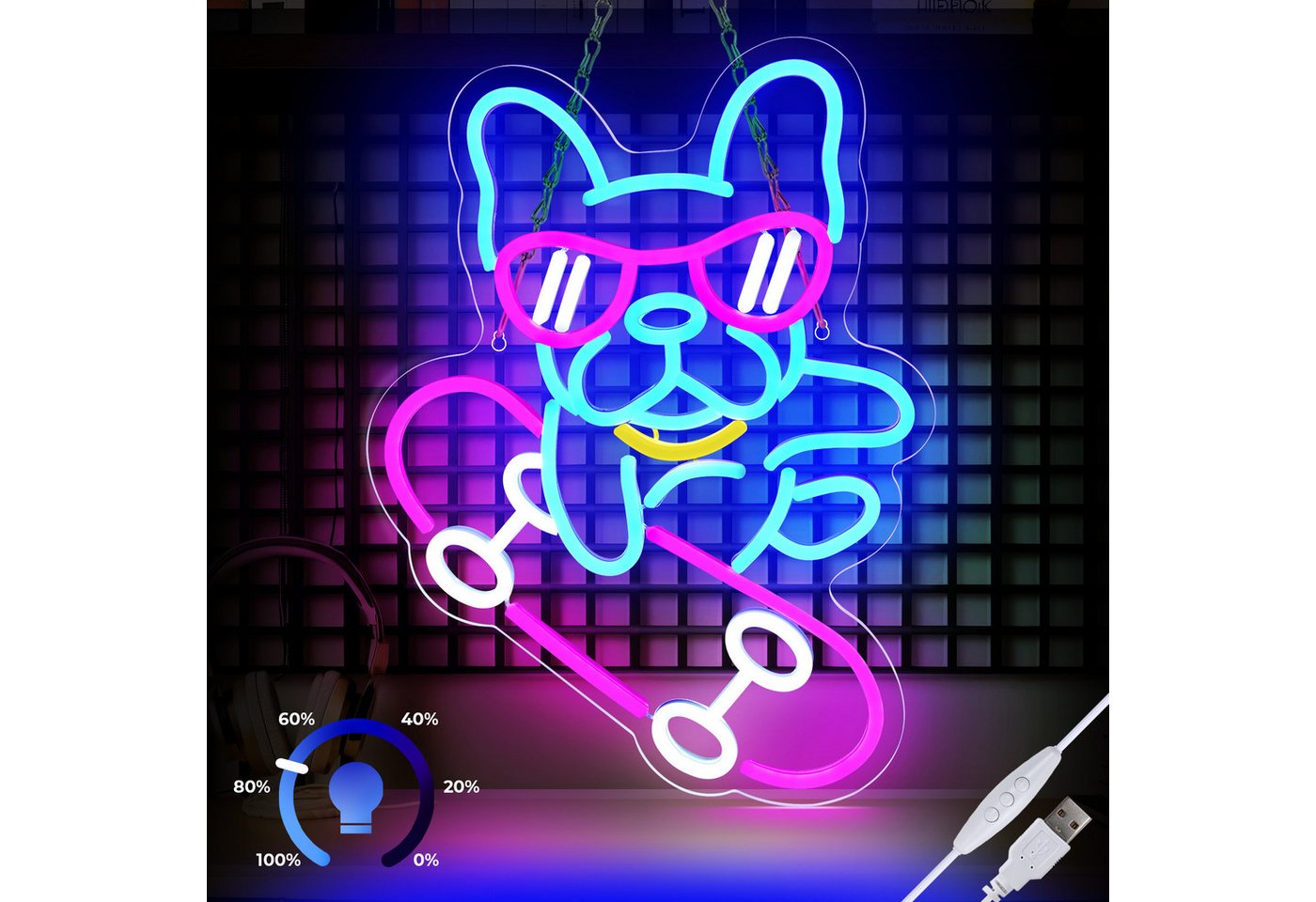 JIBENNEON Dekolicht LED Neon Sign,Skateboard Hund Bulldogge, Dackel LED Neonschild, Bulldogge, LED fest integriert, Dimmbar Acryl Wandleuchte Bild 2