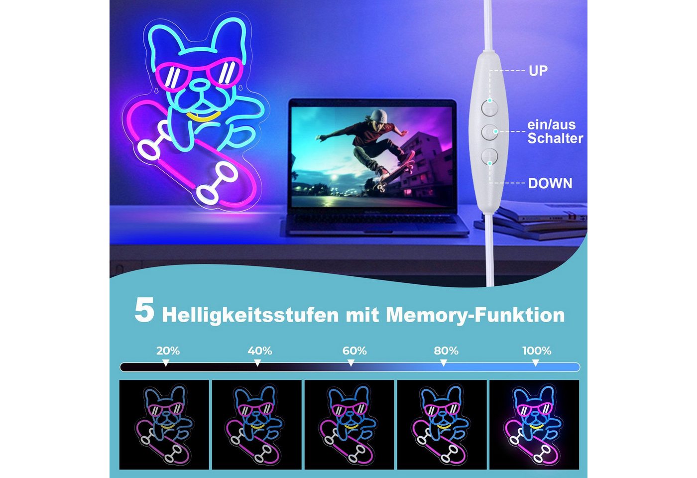 JIBENNEON Dekolicht LED Neon Sign,Skateboard Hund Bulldogge, Dackel LED Neonschild, Bulldogge, LED fest integriert, Dimmbar Acryl Wandleuchte Bild 3