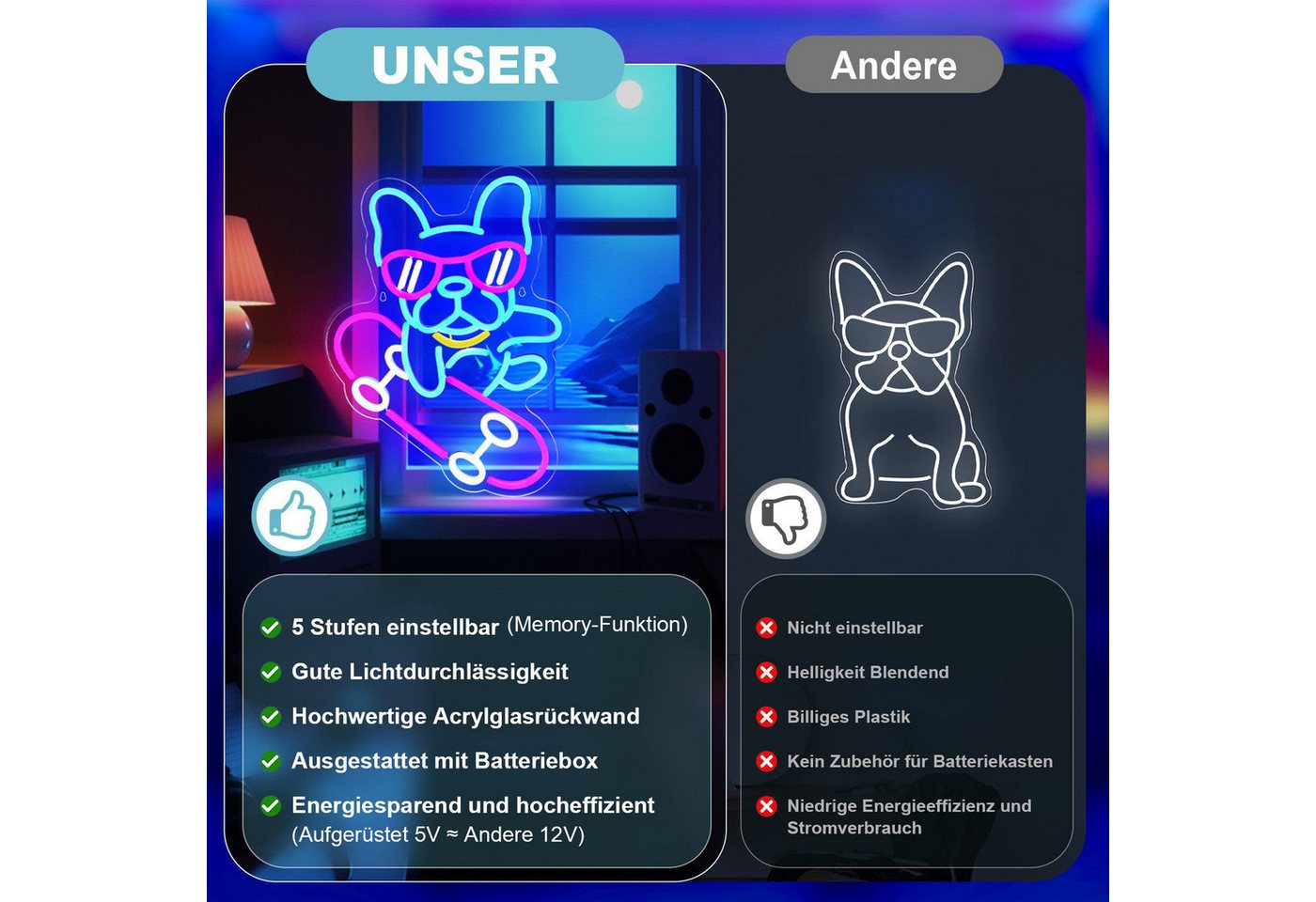 JIBENNEON Dekolicht LED Neon Sign,Skateboard Hund Bulldogge, Dackel LED Neonschild, Bulldogge, LED fest integriert, Dimmbar Acryl Wandleuchte Bild 4