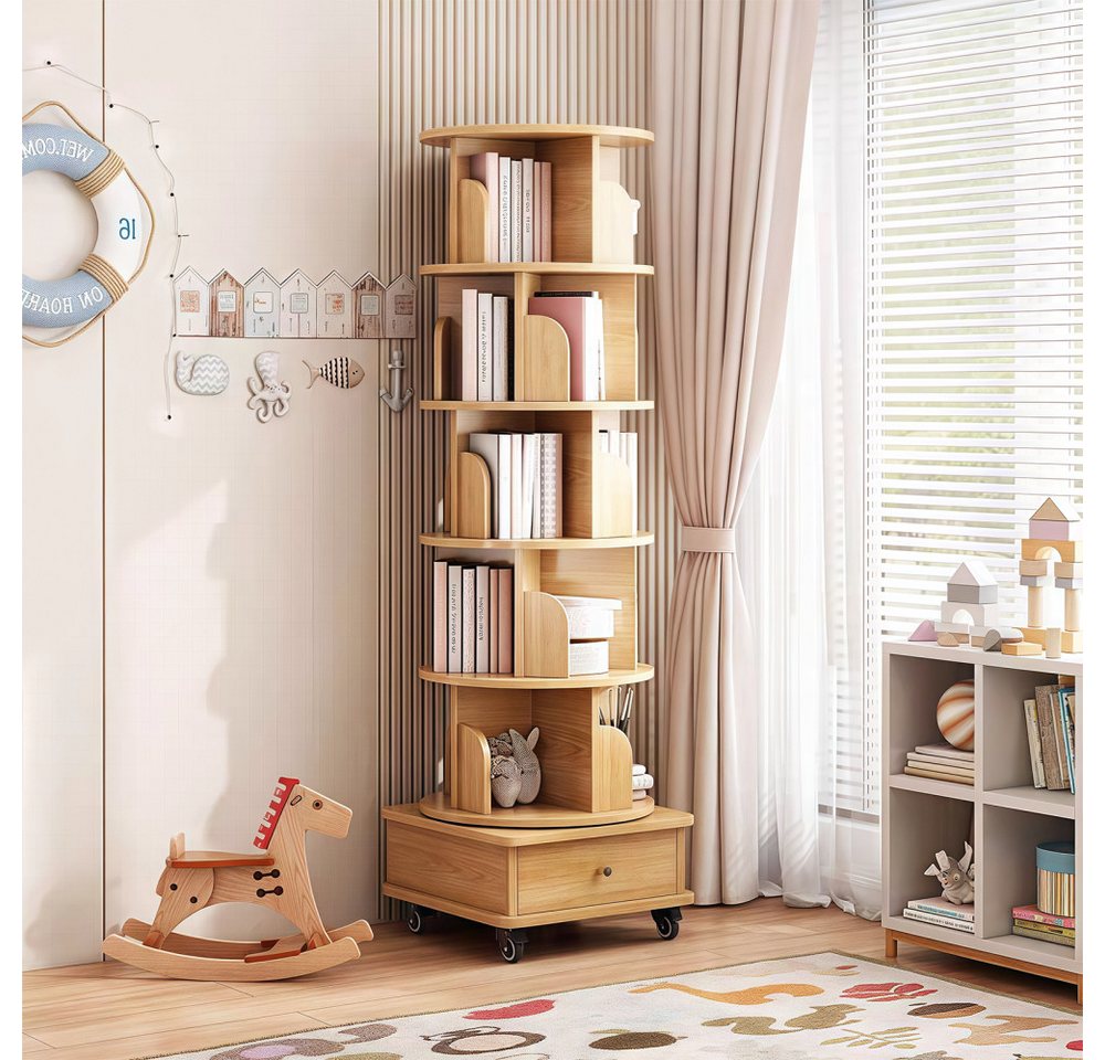 BBWL Bücherregal mit 6 Ebenen, Schublade und Rollen, platzsparender Bücherturm, Drehbares Bücherregal 360° aus MDF, für kleine Räume