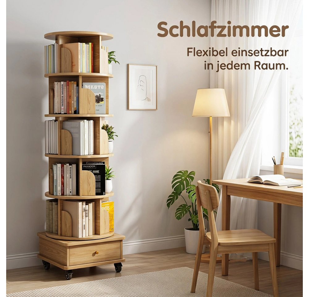 BBWL Bücherregal mit 6 Ebenen, Schublade und Rollen, platzsparender Bücherturm, Drehbares Bücherregal 360° aus MDF, für kleine Räume Bild 2