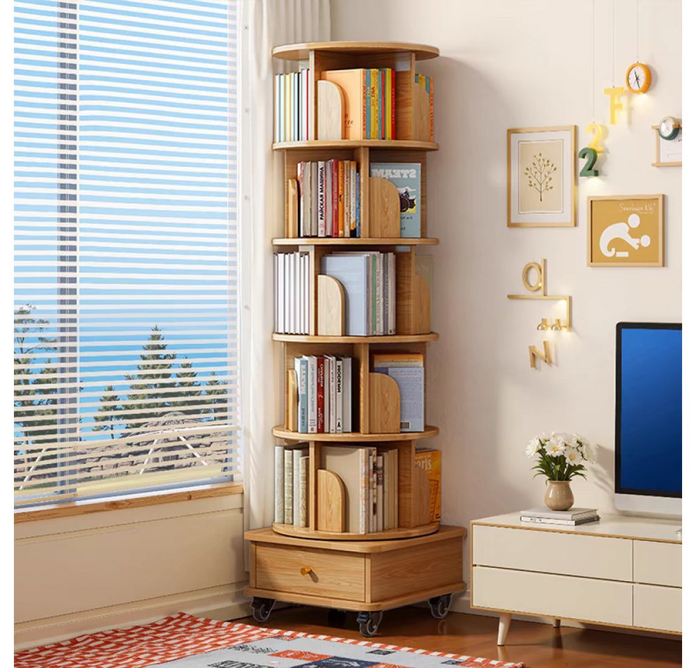 BBWL Bücherregal mit 6 Ebenen, Schublade und Rollen, platzsparender Bücherturm, Drehbares Bücherregal 360° aus MDF, für kleine Räume Bild 3