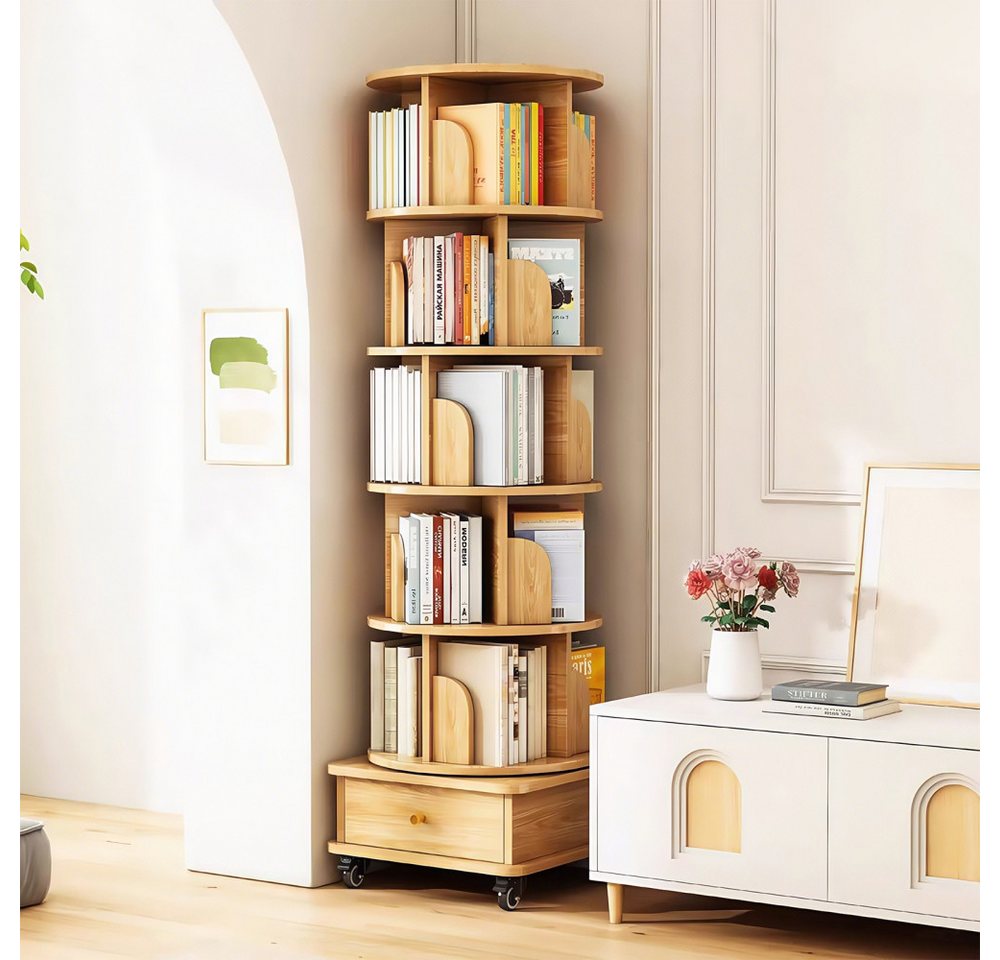 BBWL Bücherregal mit 6 Ebenen, Schublade und Rollen, platzsparender Bücherturm, Drehbares Bücherregal 360° aus MDF, für kleine Räume Bild 4
