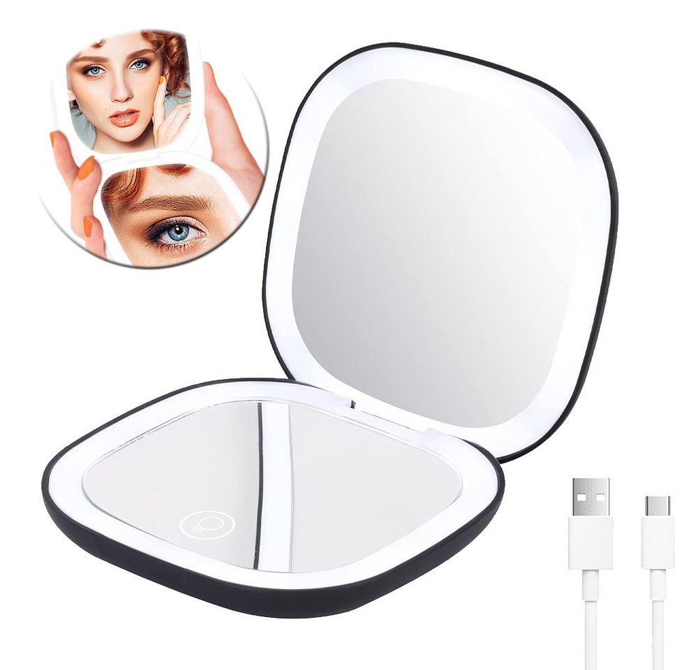 AFKSMILE Kosmetikspiegel Taschenspiegel mit Beleuchtun, Zweiseitiger Handspiegel für Makeup, Wiederaufladbarer Kleiner Reisespiegel mit Licht, 1X/10xVergrößerung