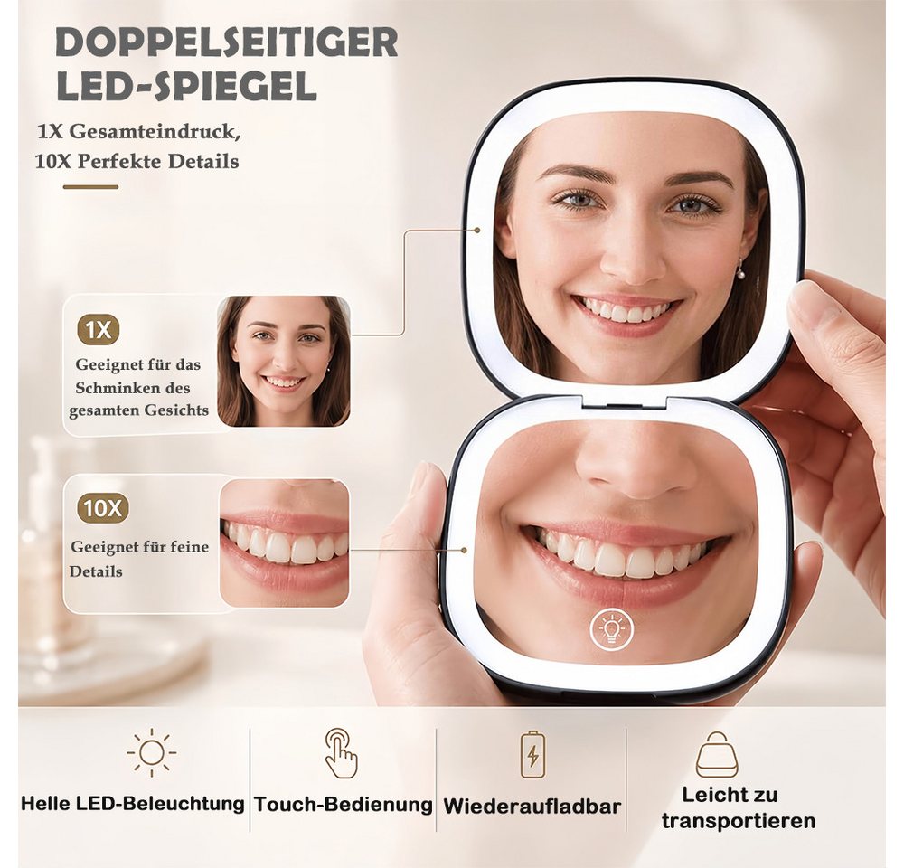 AFKSMILE Kosmetikspiegel Taschenspiegel mit Beleuchtun, Zweiseitiger Handspiegel für Makeup, Wiederaufladbarer Kleiner Reisespiegel mit Licht, 1X/10xVergrößerung Bild 2