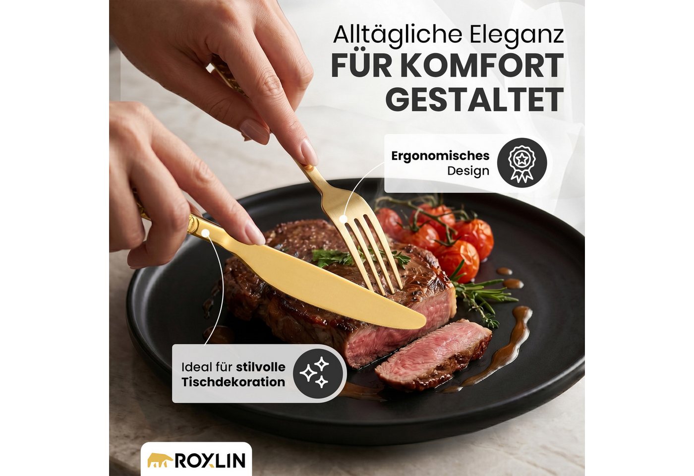 Roxlin Besteck-Set Roxlin Besteckset 30-tlg Stein Design Edelstahl, Gold/Schwarz/Silber Bild 3
