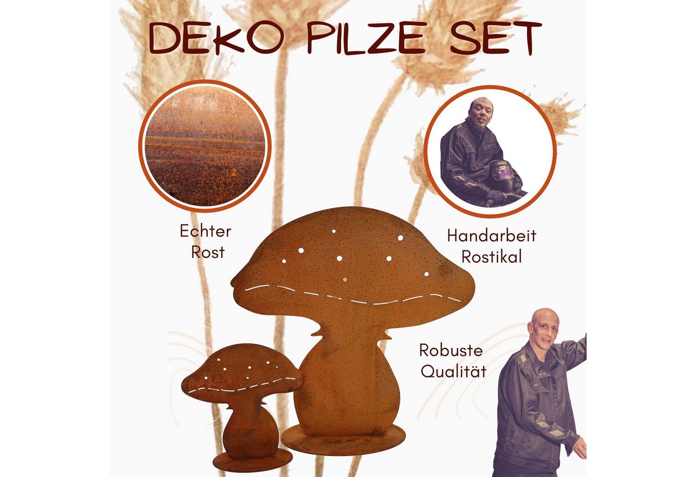 Rostikal Gartenfigur Edelrost Pilzfigur 2er-Set – Herbstdeko aus Metall für Garten & Beet, (Set), Wetterfeste Rost Pilz Deko – ganzjährig für draußen nutzbar Bild 3