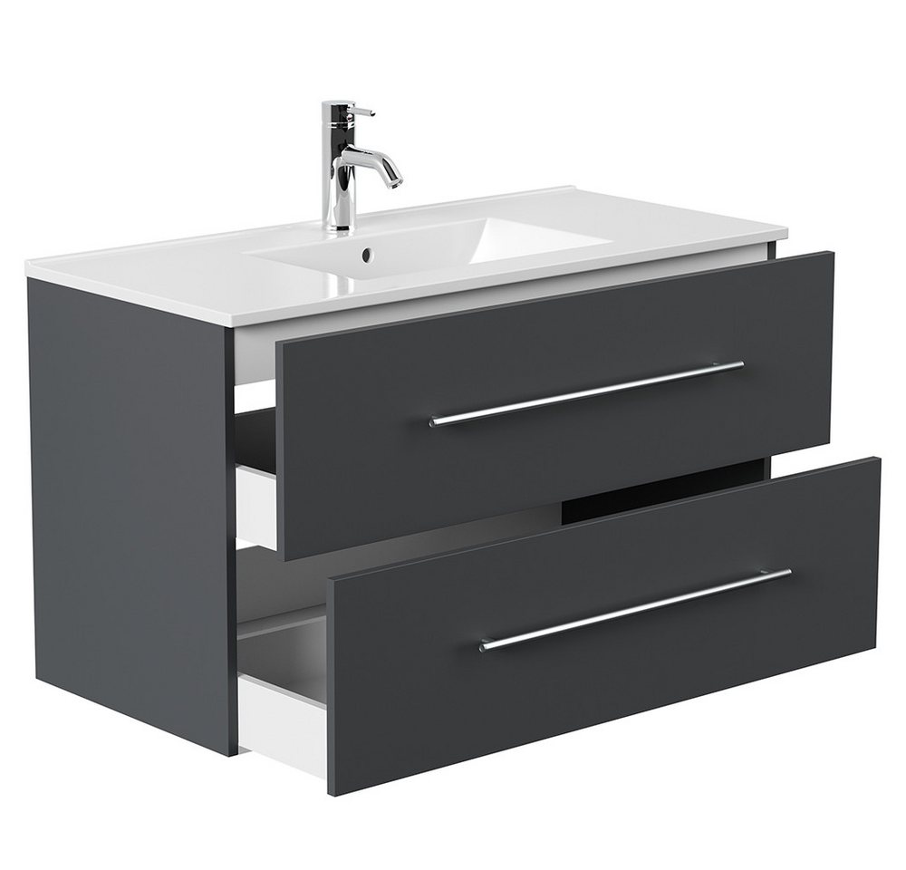 Lomadox Badmöbel-Set HARLINGEN-02, (Spar-Set, 2-St., Waschtisch Spiegelschrank), grau, 2 Schubladen, LED Aufsatzleuchte, 100 cm breit