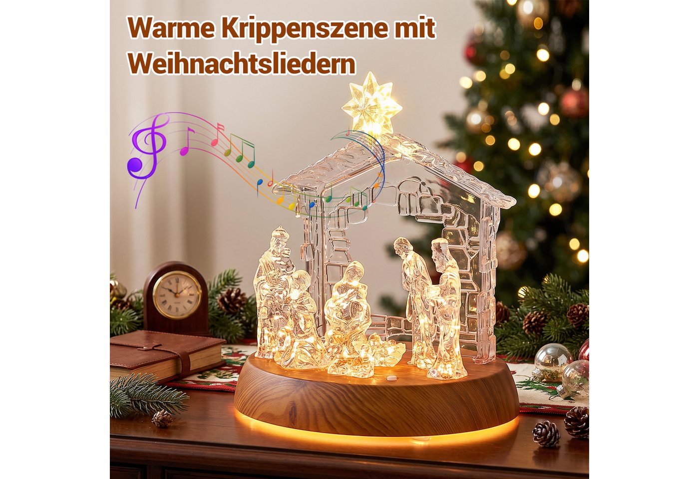 Quntis Beleuchtetes Fensterbild Weihnachtskrippe LED mit Musik – Acryl-Figur, 8 LEDs 3 modi Dekofigur, kabellose Tischdekoration mit Holzfuß, Weihnachtsgeschenk für Zuhause