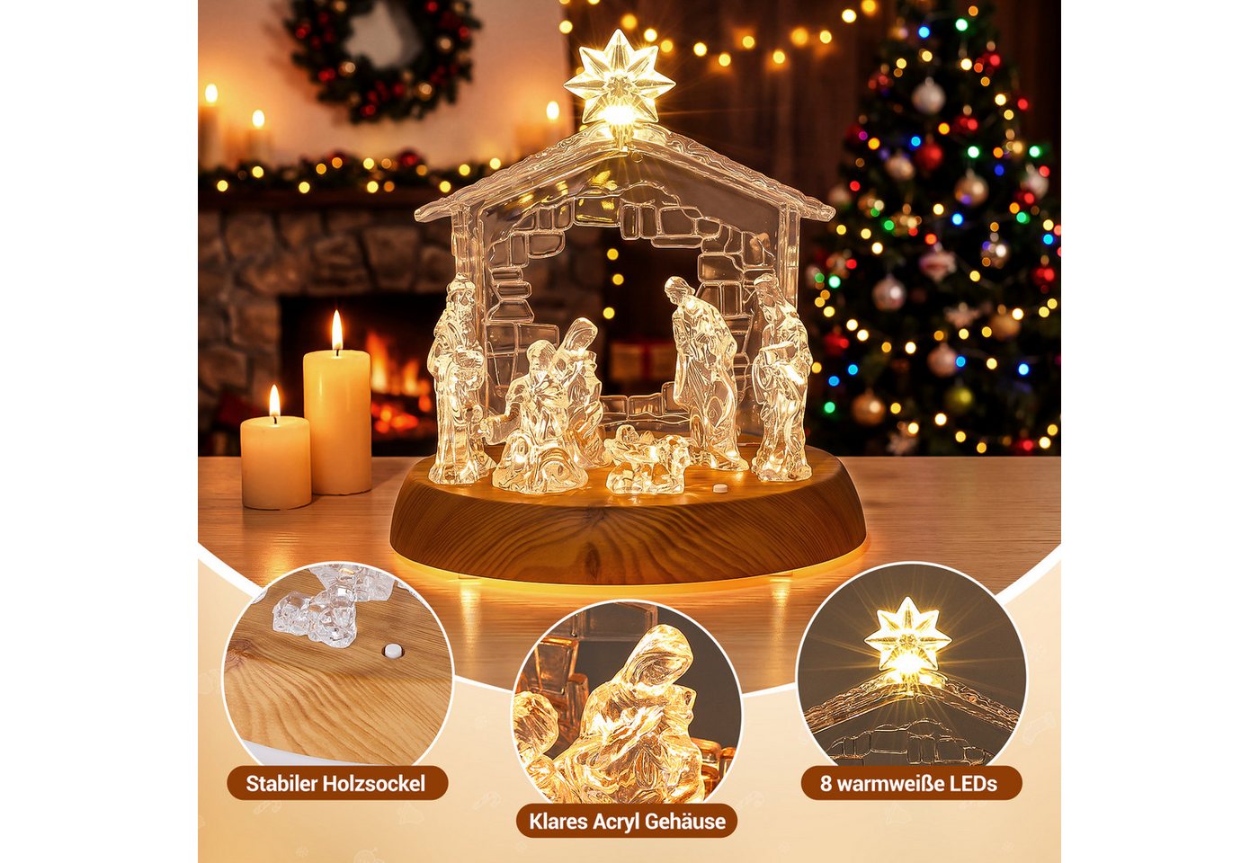 Quntis Beleuchtetes Fensterbild Weihnachtskrippe LED mit Musik – Acryl-Figur, 8 LEDs 3 modi Dekofigur, kabellose Tischdekoration mit Holzfuß, Weihnachtsgeschenk für Zuhause Bild 2