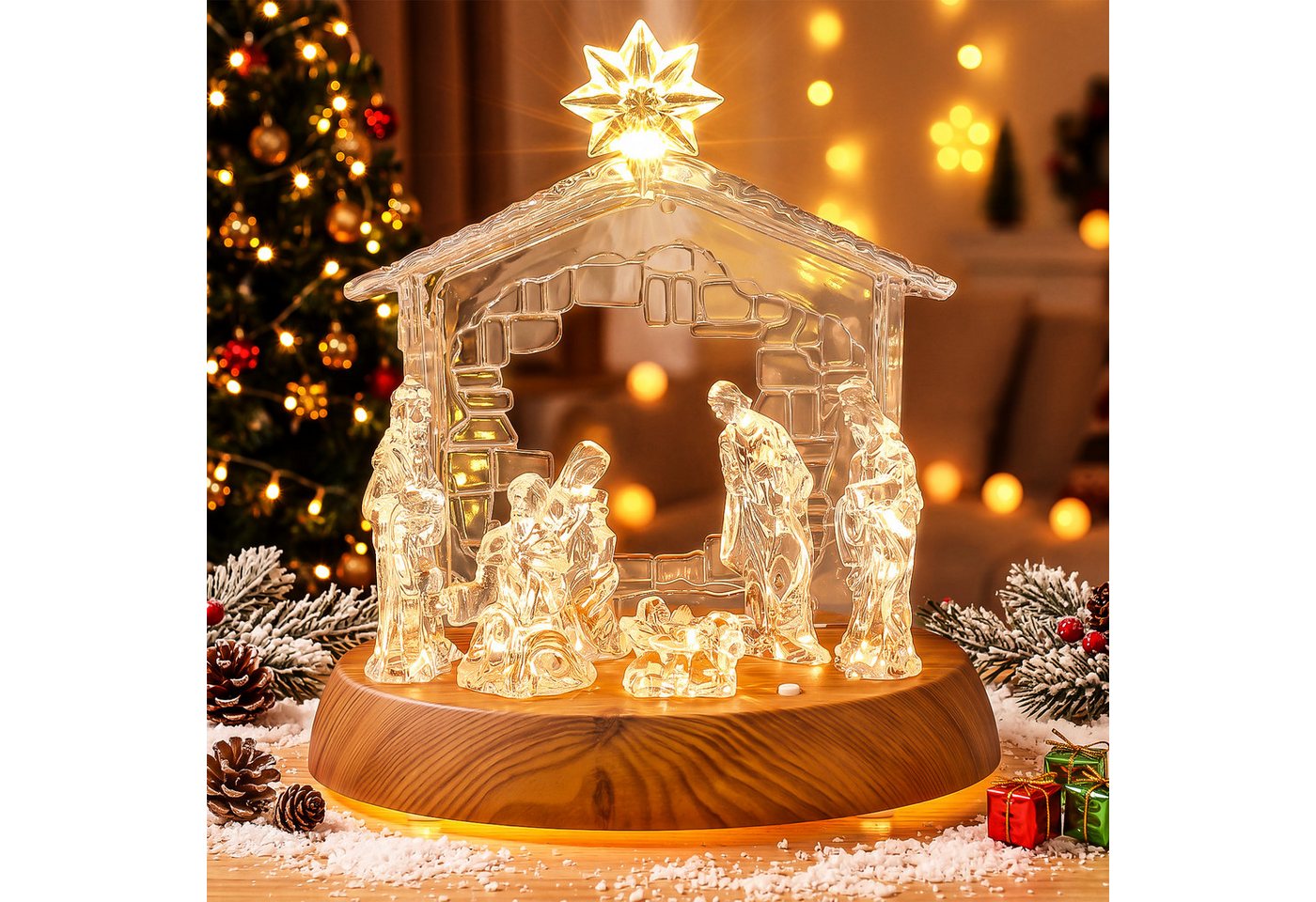 Quntis Beleuchtetes Fensterbild Weihnachtskrippe LED mit Musik – Acryl-Figur, 8 LEDs 3 modi Dekofigur, kabellose Tischdekoration mit Holzfuß, Weihnachtsgeschenk für Zuhause Bild 3