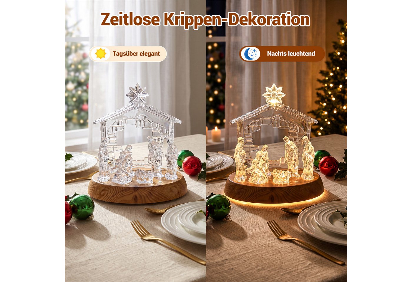 Quntis Beleuchtetes Fensterbild Weihnachtskrippe LED mit Musik – Acryl-Figur, 8 LEDs 3 modi Dekofigur, kabellose Tischdekoration mit Holzfuß, Weihnachtsgeschenk für Zuhause Bild 4