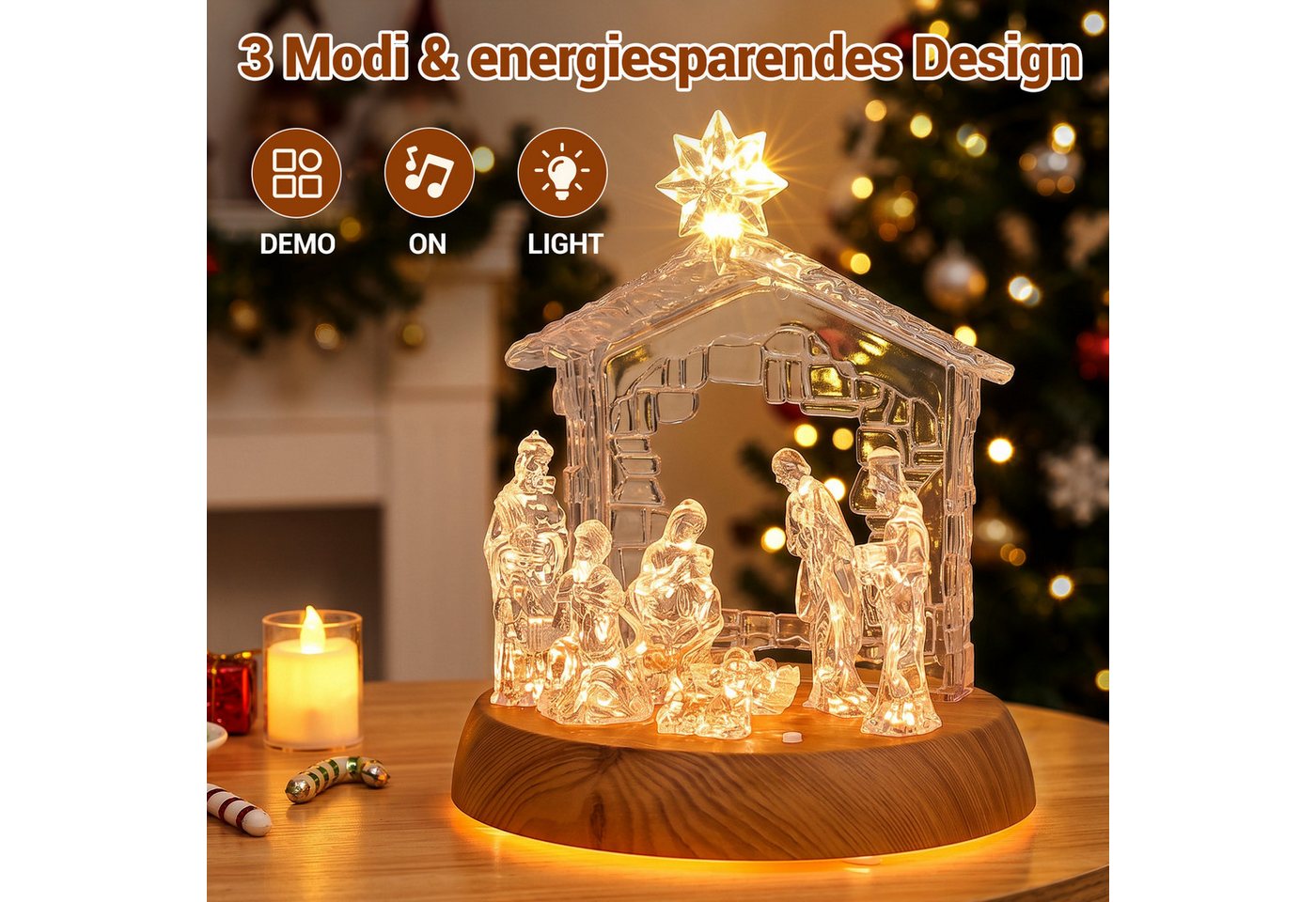 Quntis Beleuchtetes Fensterbild Weihnachtskrippe LED mit Musik – Acryl-Figur, 8 LEDs 3 modi Dekofigur, kabellose Tischdekoration mit Holzfuß, Weihnachtsgeschenk für Zuhause Bild 5
