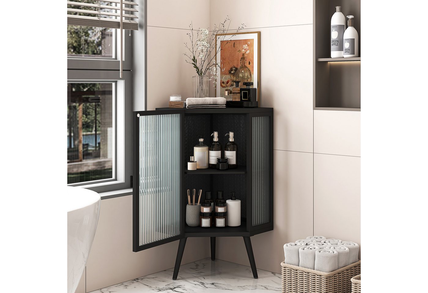 Celya Eckregal Eck-Unterschrank mit Tür aus gehärtetem Glas und verstellbarem Regal, für Badezimmer, Wohnzimmer, Schlafzimmer,Schwarz